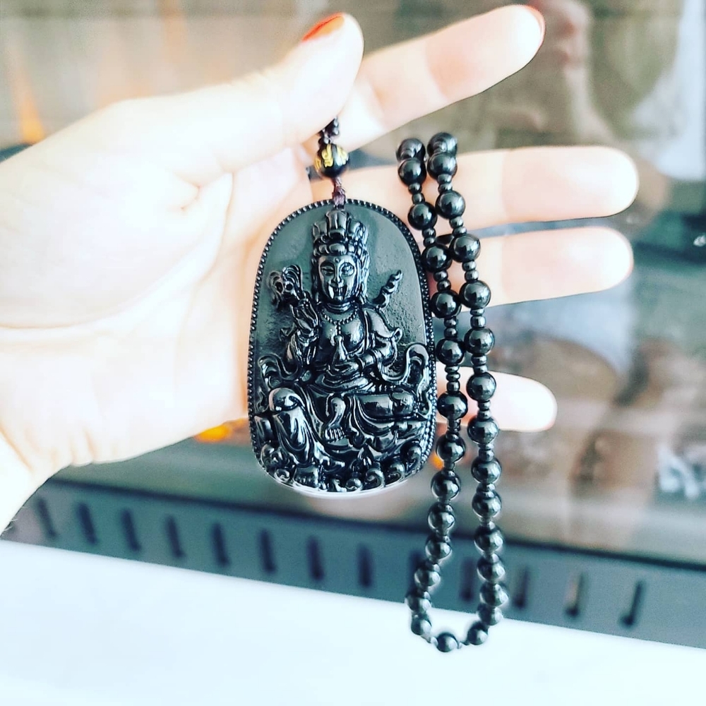 Black Obsidian Goddess of Mercy Carving necklace